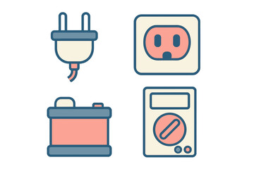 Electrical power plug, wall socket, car battery, and multimeter components for energy and measurement concepts