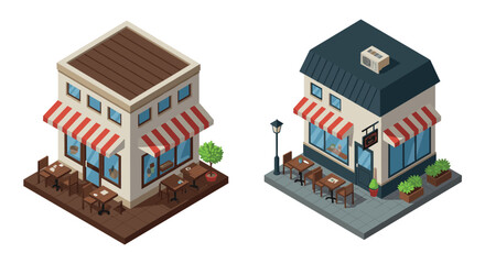 Charming isometric cafes with outdoor seating and red striped awnings