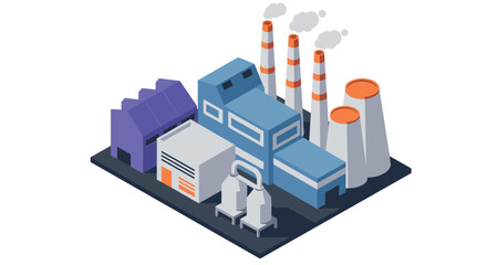 Isometric industrial factory scene with blue and purple buildings and smokestacks