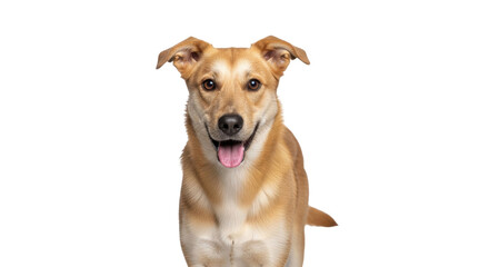 Isolated happy dog with an open mouth in a cheerful expression stands facing forward