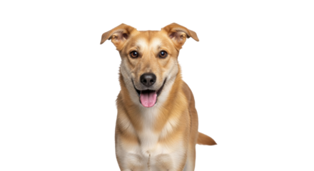 Isolated happy dog with an open mouth in a cheerful expression stands facing forward