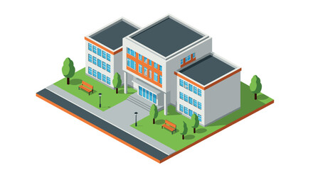 Modern isometric school building with trees and benches on a green lawn