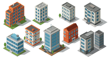 Isometric urban building set featuring diverse architectural styles for design projects