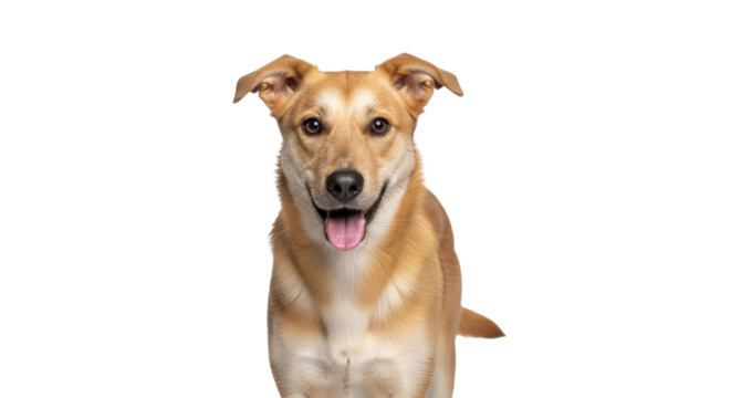 Isolated happy dog with an open mouth in a cheerful expression stands facing forward