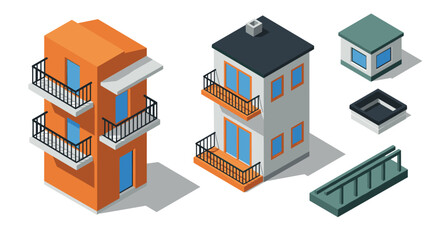 Isometric modern building elements with balconies and rooftop accessories