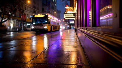 Urban Night Scene with Bus and Colorful Reflections on Wet Pavement