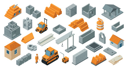 Isometric construction elements collection featuring diverse building materials and equipment