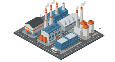 Fototapeta premium Isometric industrial complex with factories and chimneys on road intersection