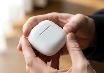 Close-up of hands holding a white charging case for wireless earbuds or headphones