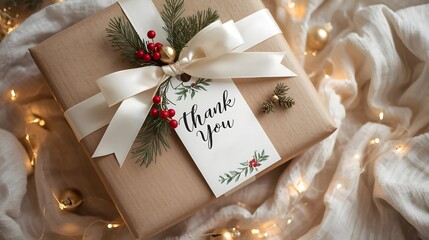 Rustic Kraft Holiday Gift with Thank You Tag, Creamy Ivory Ribbon, and Christmas Lights