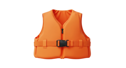 Isolated bright orange personal flotation device, life jacket with closed zipper and buckle strap