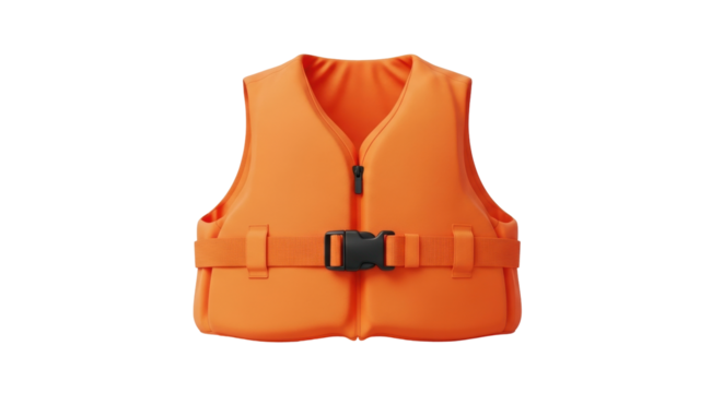 Isolated bright orange personal flotation device, life jacket with closed zipper and buckle strap