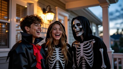 Group of teens in horror costumes standing in front of house at night, smiling, with warm orange glow from lantern. Concept of celebration, fun, masquerade, Halloween atmosphere.