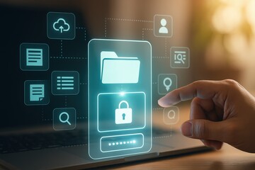 A person's finger interacts with a glowing, digital interface on a laptop screen, highlighting data security concepts such as data encryption, cloud storage, and document management in a modern,...