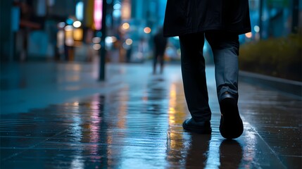 Person Walking on Wet Street at Night with Urban City Lights