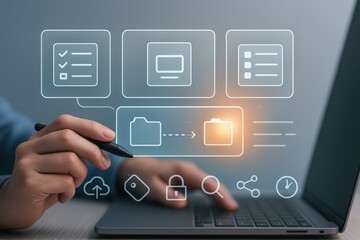 Someone uses a stylus pen to interact with a laptop computer, interacting with a glowing interface showcasing various data and application icons, representing technology and digital information...