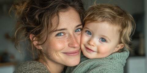 Smiling mother holds her happy child in a cozy indoor setting during a warm afternoon