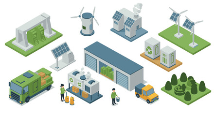 Sustainable energy isometric design with solar panels, wind turbines, and eco-friendly transportation