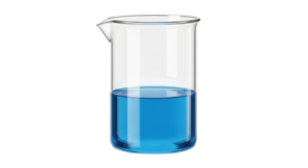 Isolated beaker filled with blue liquid commonly used in science laboratory work