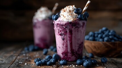 A tantalizing blueberry milkshake topped with whipped cream and fresh blueberries offers a refreshing treat that visually delights and stimulates the senses.