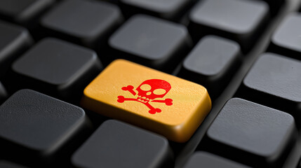 Close-up of computer keyboard with bright orange key featuring red skull and crossbones symbol. Cybersecurity, hacking, danger, threat concept