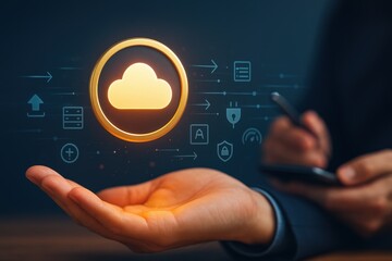 Human hand outstretched, holding a glowing cloud icon, suggesting cloud computing concepts with digital icons floating nearby, emphasizing data and security themes in a futuristic and technological...