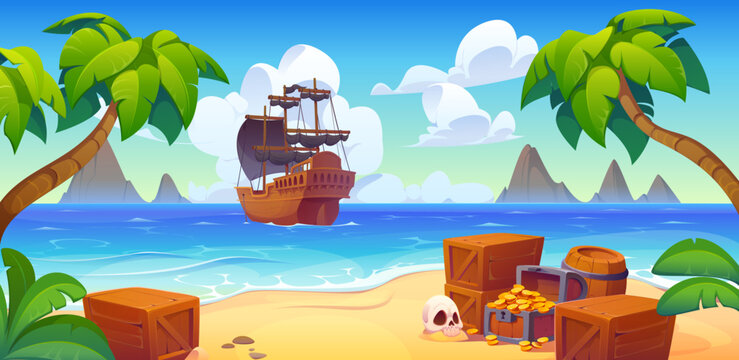 Fototapeta Wooden pirate sail ship in the tropical sea near the treasure island. Cartoon vector adventure game landscape with palm trees, chest full of gold coins, skull, wooden barrels and crates on sandy beach