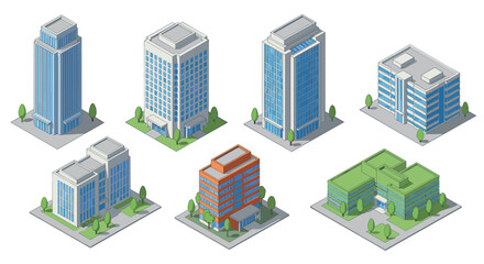 Modern isometric office buildings set with green elements for urban planning