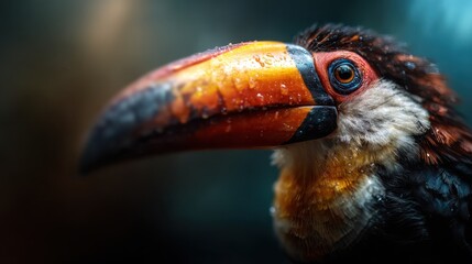 Obraz premium A stunning close-up shot of a colorful toucan with vibrant features captures the essence of this exotic bird, celebrated for its unique beak and striking appearance in nature.