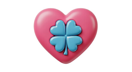 Isolated pink heart with blue four-leaf clover, symbol of luck and love for St Patrick's Day