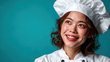 A cheerful chef wearing a white hat and jacket beams with pride, embodying passion and dedication to culinary arts in a vibrant and inviting kitchen atmosphere.