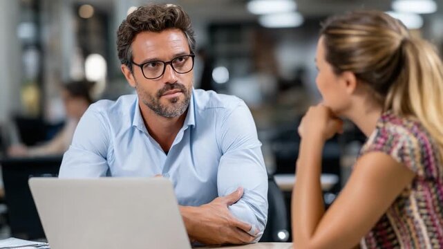 Office Consultation: Two professionals in a modern office setting engage in a focused consultation, the room's soft lighting complementing the subtle exchange of ideas and expertise.