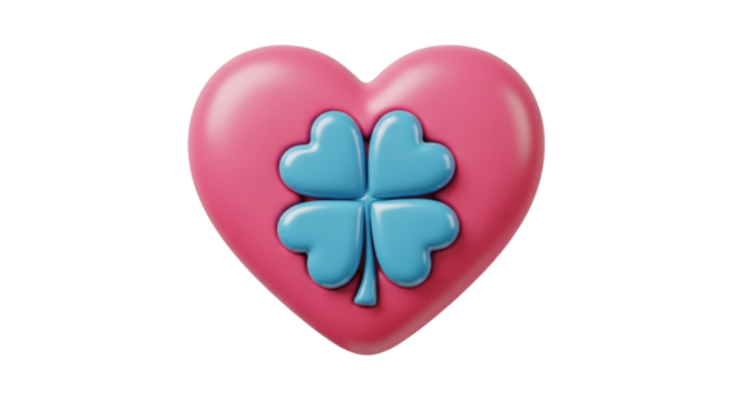 Isolated pink heart with blue four-leaf clover, symbol of luck and love for St Patrick's Day