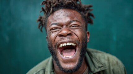 This vibrant portrait captures a joyful man laughing heartily against a bright green backdrop, embodying pure happiness and unfiltered emotion that radiates positivity.