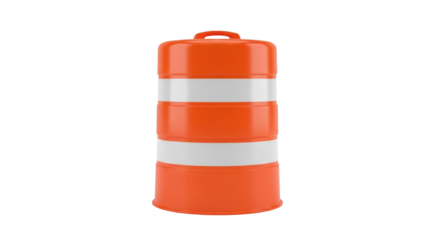 Isolated traffic barrel for road safety, orange drum with reflective white stripes, safety equipment