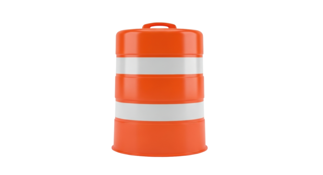 Isolated traffic barrel for road safety, orange drum with reflective white stripes, safety equipment