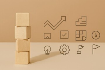 Stacked wooden blocks stand next to a series of gray line icons suggesting concepts such as growth, success, tasks, finance, and ideas, arranged on a light neutral beige backdrop, implying business...