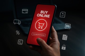 Hand holding a smartphone with a "Buy Online" interface displayed on the screen, along with shopping cart icon and a button inviting users to obtain more information, all set against a dark...