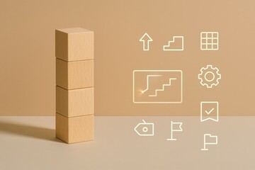 Stacked wooden blocks represent progress, with associated icons illustrating steps, goals, and achievements on a neutral background, showcasing a conceptual visualization of growth and development,...