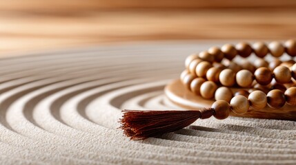This serene image features beautifully crafted wooden prayer beads elegantly placed on a gentle sand pattern, evoking tranquility and mindfulness in meditation.