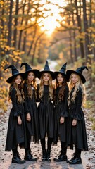 Group of teens in horror costumes standing in forest during sunset, wearing black outfits with witch hats. Concept of magical Masquerade vibe with golden lighting.