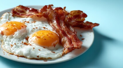 A delicious plate featuring perfectly fried eggs with vibrant yolks accompanied by crispy bacon strips, perfect for a hearty breakfast on a light blue background.
