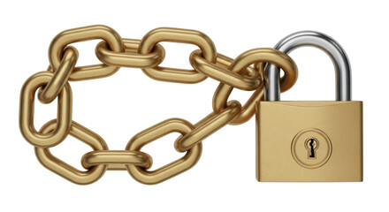 Isolated Golden Metal Chain Wrapped Around Closed Padlock Showing Security and Protection