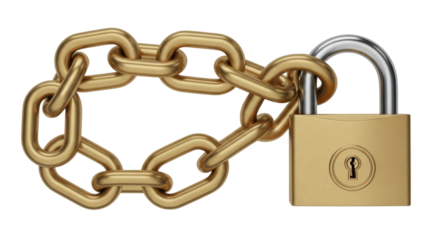 Isolated Golden Metal Chain Wrapped Around Closed Padlock Showing Security and Protection