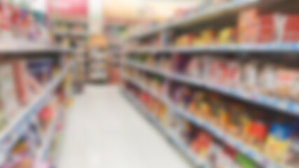 blurry image of snack display racks such as cookies, biscuits, nuts and other snacks in a super market