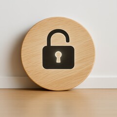 The image presents a wooden circle with a black, glowing padlock icon illuminated at its center, symbolizing security and access.