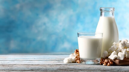 A charming arrangement of a glass of milk and popcorn with a bottle creates a cozy scene, capturing the freshness and simplicity of classic snack time delights.