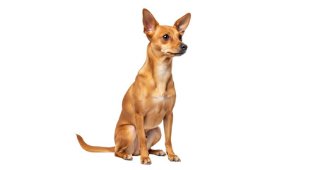 Isolated domestic brown Pinscher dog sitting, looking aside attentively, waiting patient