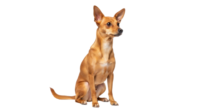 Isolated domestic brown Pinscher dog sitting, looking aside attentively, waiting patient