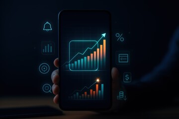 The image depicts a hand holding a smartphone displaying financial data, with an upward-trending chart illuminating the screen against a dark background with other glowing interface icons.